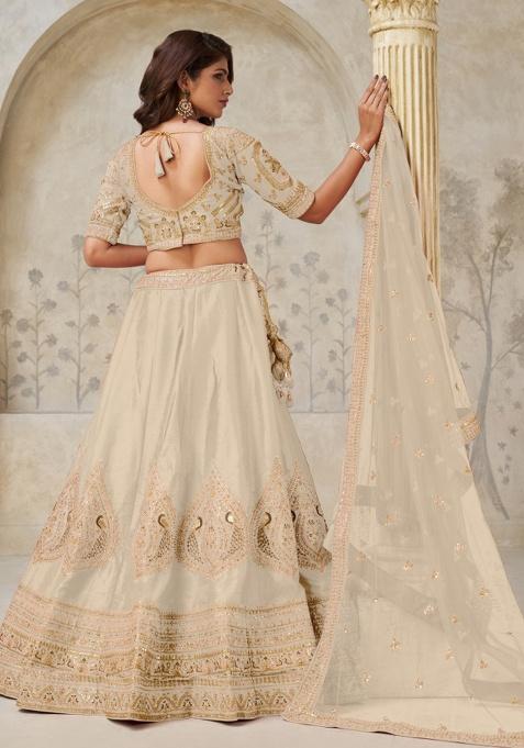 Cream Embroidery Silk Lehenga Set