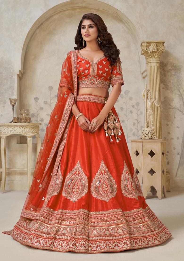 Rust Embroidery Silk Lehenga Set