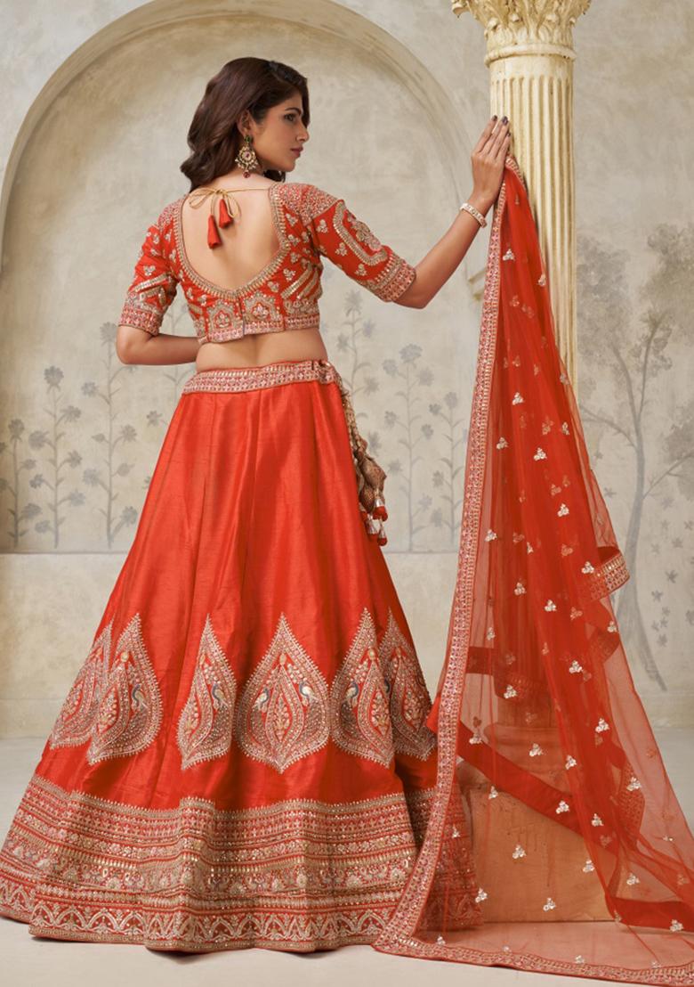Rust Embroidery Silk Lehenga Set - Indya