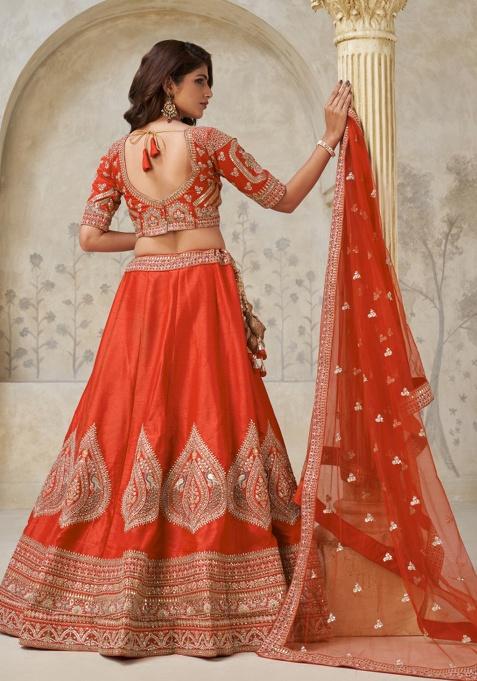 Rust Embroidery Silk Lehenga Set