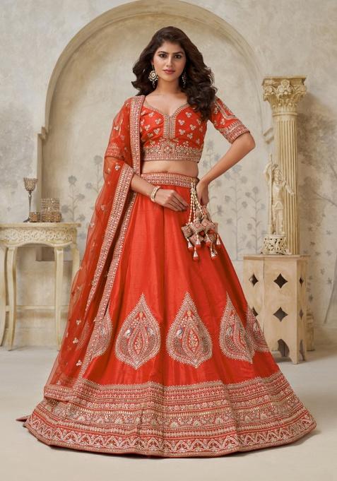 Rust Embroidery Silk Lehenga Set