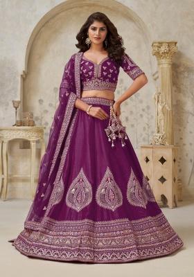 Wine Embroidery Silk Lehenga Set