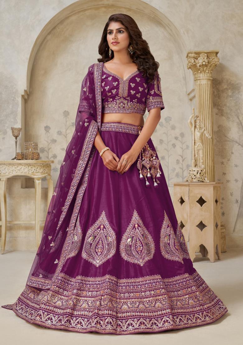Wine Embroidery Silk Lehenga Set - Indya