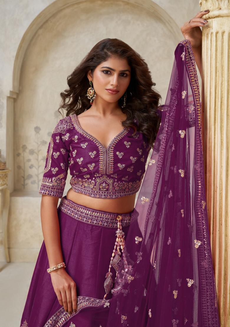 Wine Embroidery Silk Lehenga Set - Indya