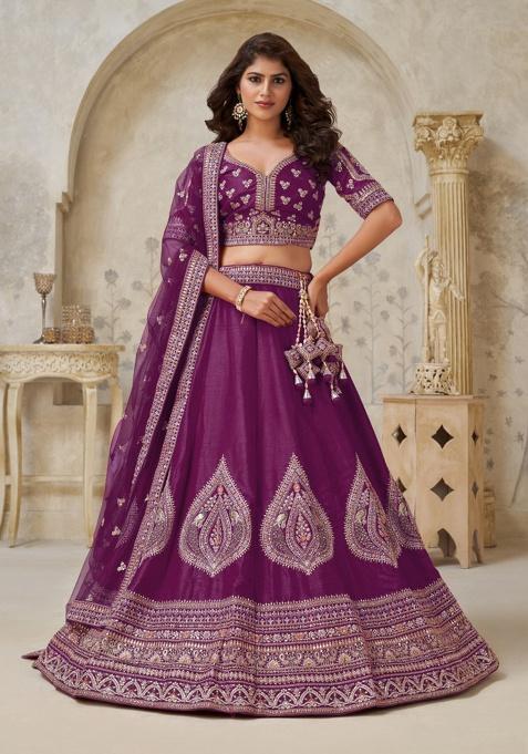Wine Embroidery Silk Lehenga Set