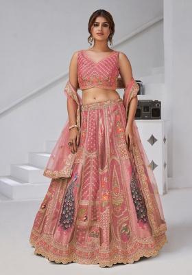 Pink Peacock Feather Work Silk Lehenga Set