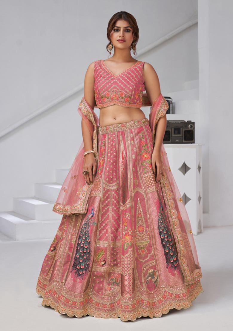 Pink Peacock Feather Work Silk Lehenga Set