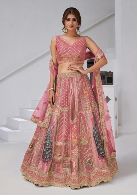 Pink Peacock Feather Work Silk Lehenga Set
