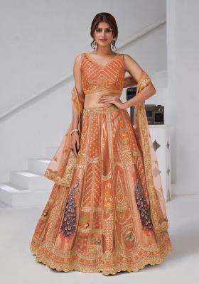 Rust Peacock Feather Work Silk Lehenga Set