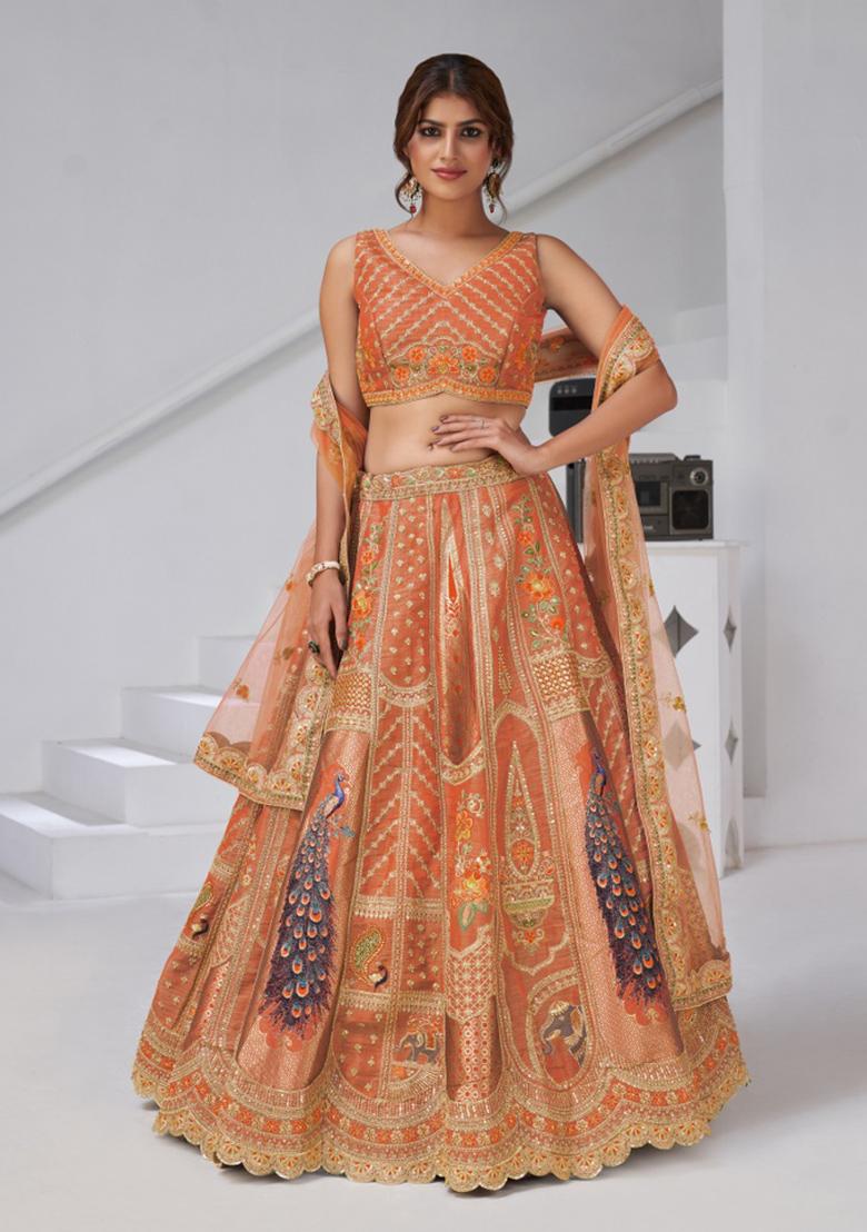 Rust Peacock Feather Work Silk Lehenga Set