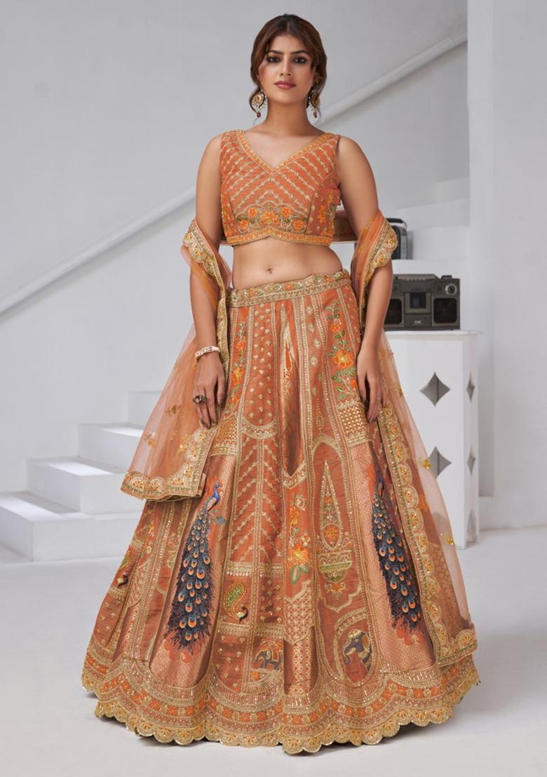 Rust Peacock Feather Work Silk Lehenga Set - Indya