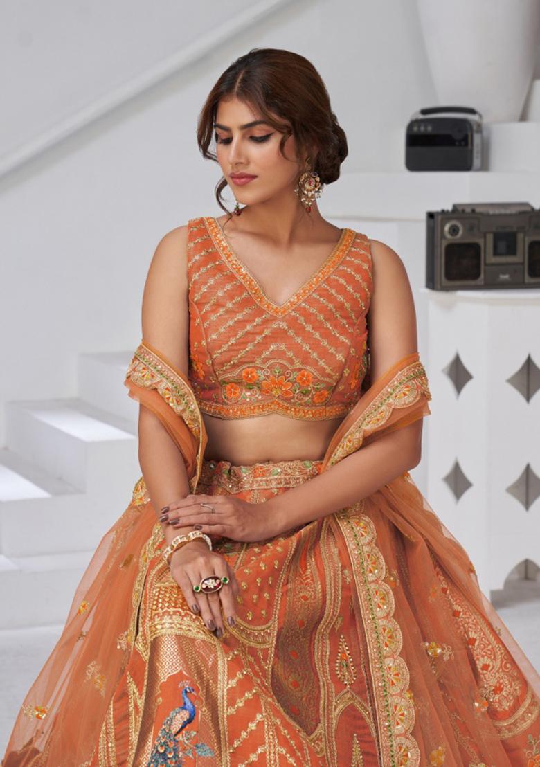 Rust Peacock Feather Work Silk Lehenga Set - Indya