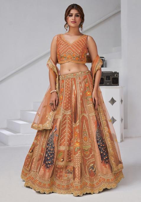 Rust Peacock Feather Work Silk Lehenga Set