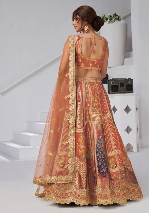 Rust Peacock Feather Work Silk Lehenga Set