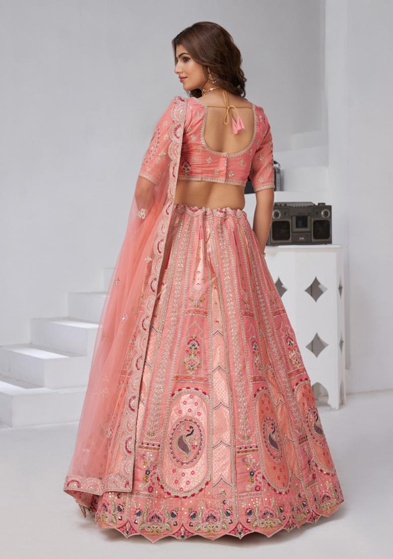 Pink Embroidery Silk Lehenga Set - Indya