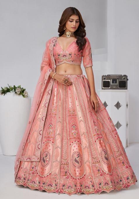 Pink Embroidery Silk Lehenga Set