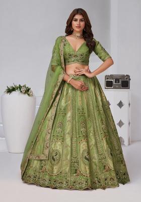 Mehndi Zari Work Silk Lehenga Set