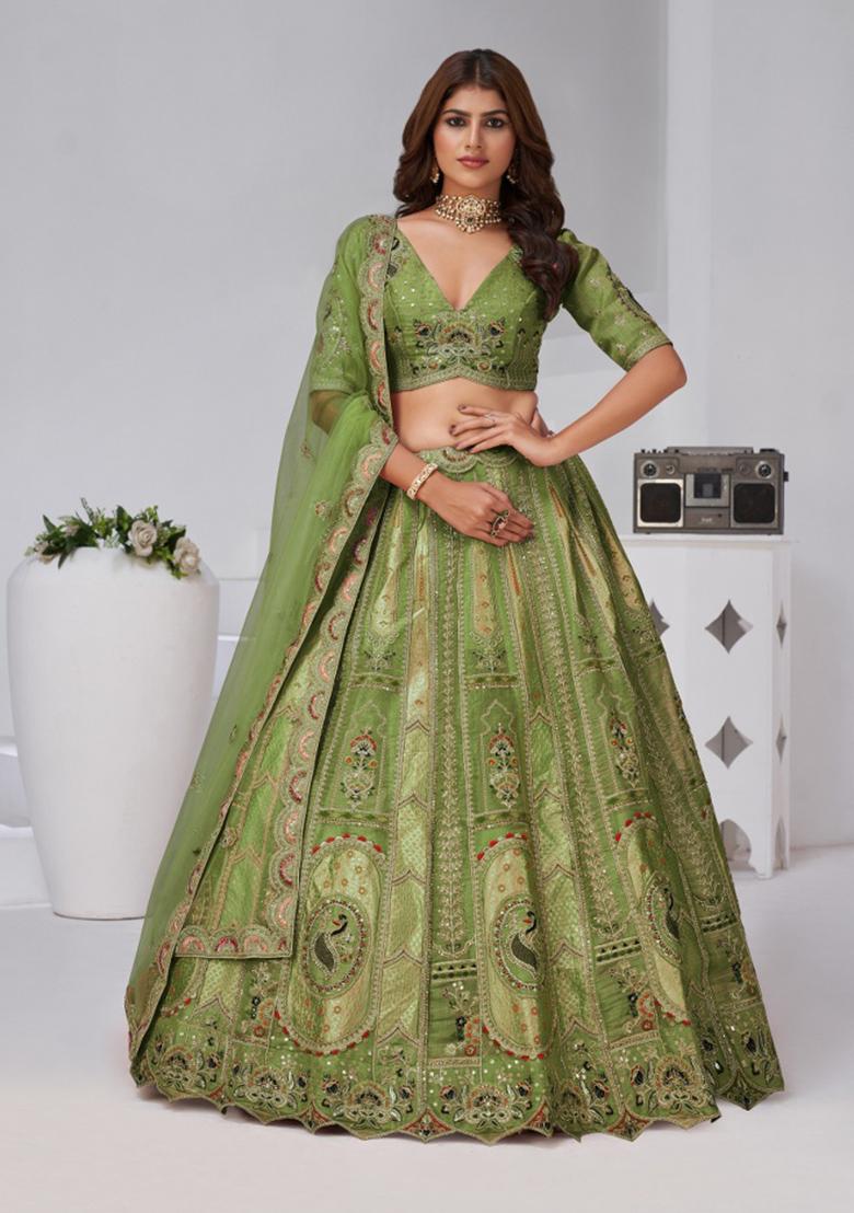 Mehndi Zari Work Silk Lehenga Set