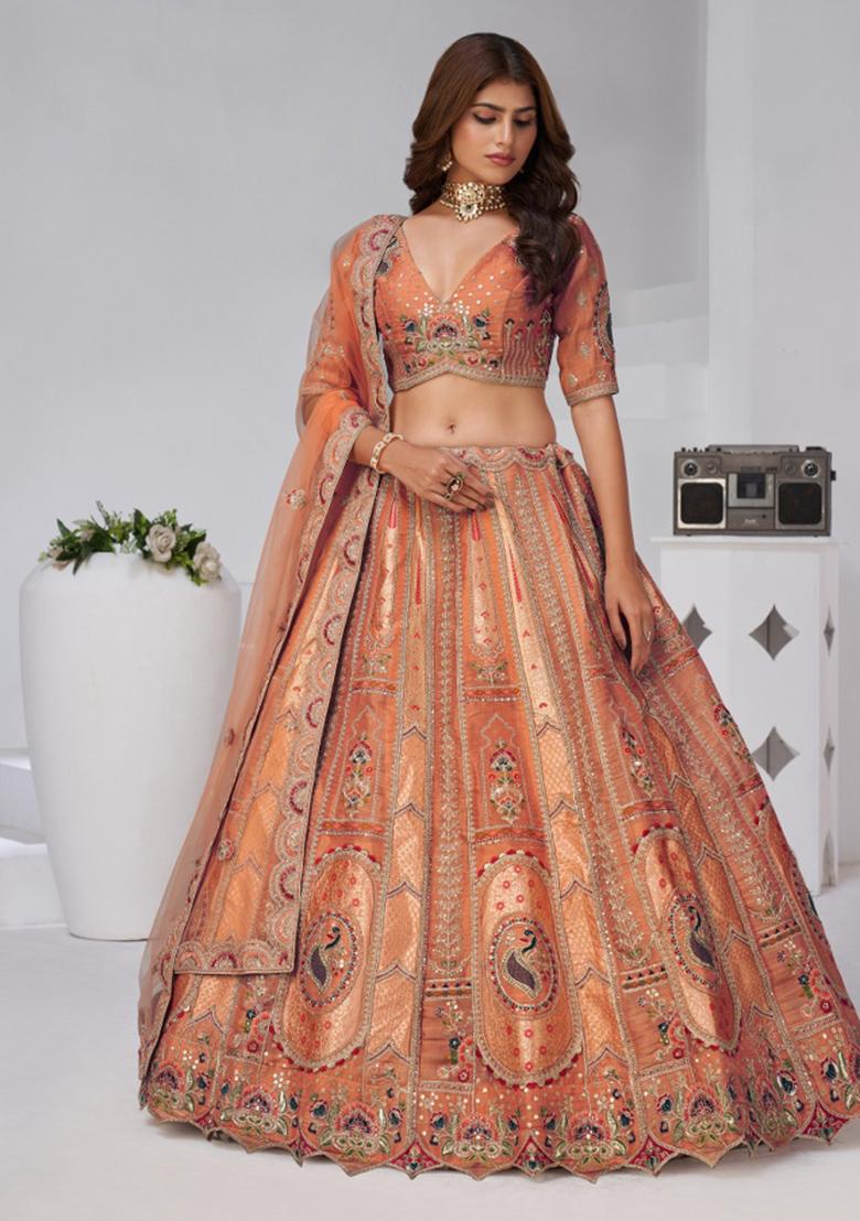 Rust Zari And Sequins Embroidery Silk Lehenga Set