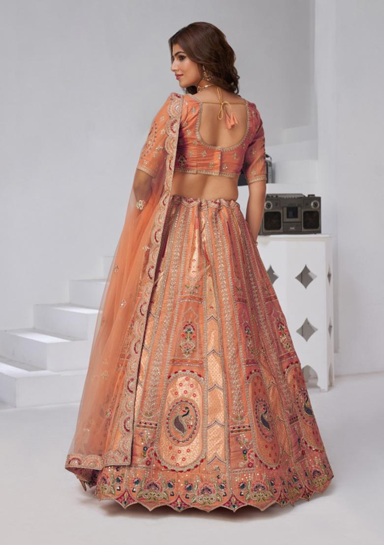 Rust Zari And Sequins Embroidery Silk Lehenga Set