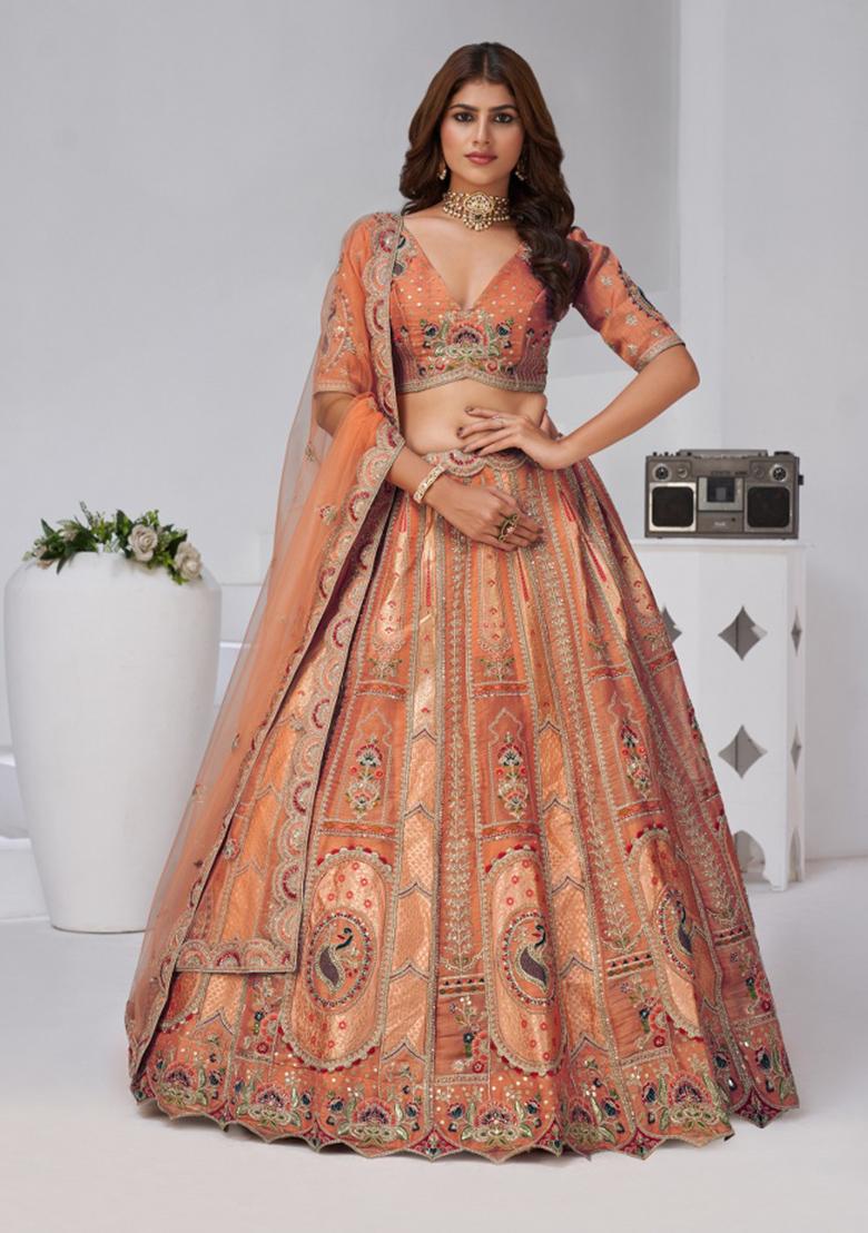 Rust Zari And Sequins Embroidery Silk Lehenga Set