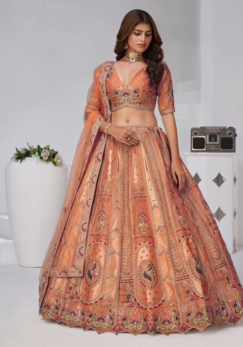 Rust Zari And Sequins Embroidery Silk Lehenga Set