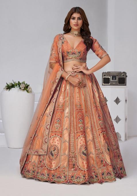 Rust Zari And Sequins Embroidery Silk Lehenga Set