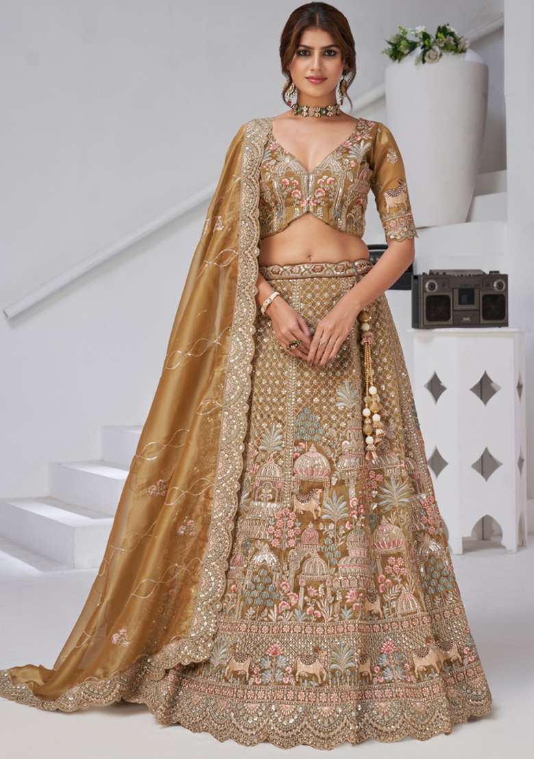 Mehndi Zari And Sequins Embroidery Organza Tissue Lehenga Set - Indya