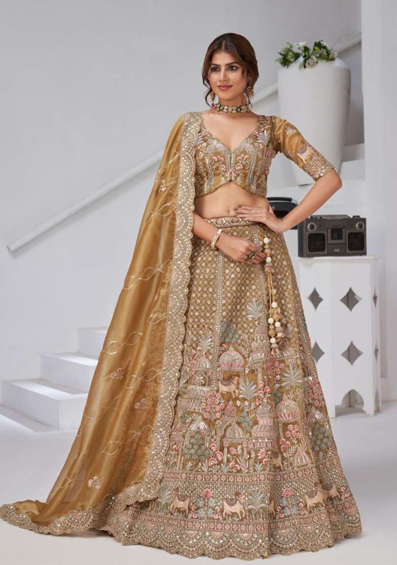 Mehndi Zari And Sequins Embroidery Organza Tissue Lehenga Set - Indya