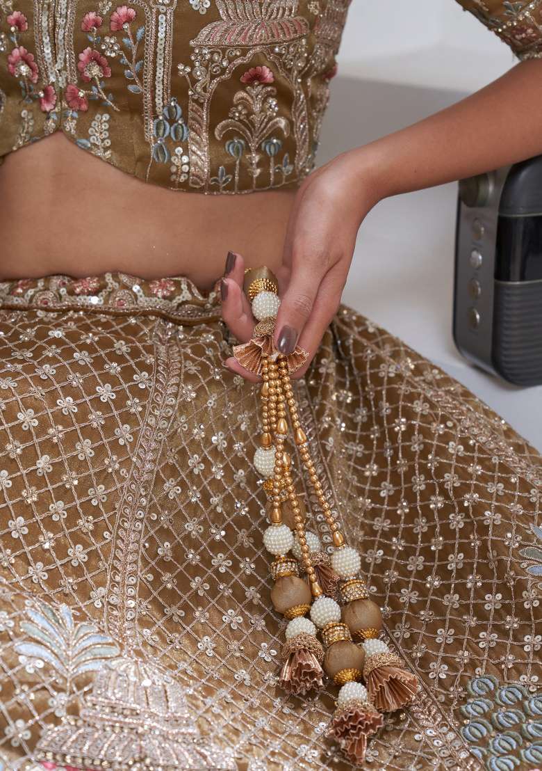 Mehndi Zari And Sequins Embroidery Organza Tissue Lehenga Set - Indya