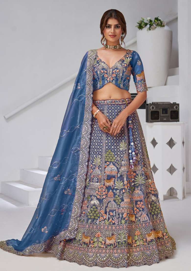Blue Embroidery Organza Tissue Lehenga Set - Indya
