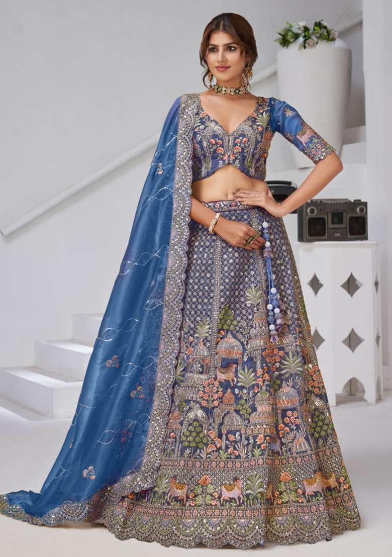 Blue Embroidery Organza Tissue Lehenga Set - Indya