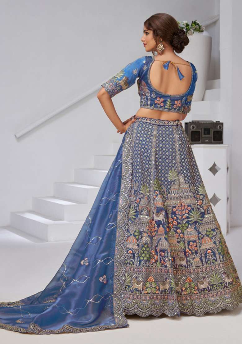 Blue Embroidery Organza Tissue Lehenga Set - Indya