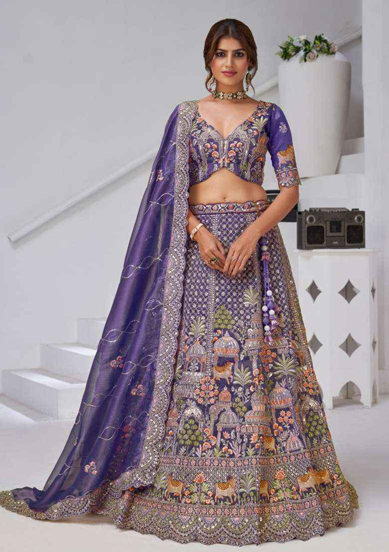 Purple Zari work Organza Tissue Lehenga Set - Indya