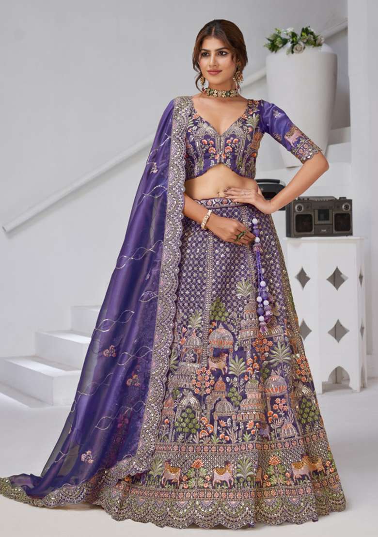Purple Zari work Organza Tissue Lehenga Set - Indya