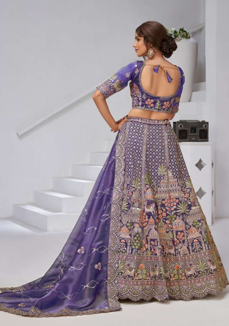 Purple Zari work Organza Tissue Lehenga Set - Indya