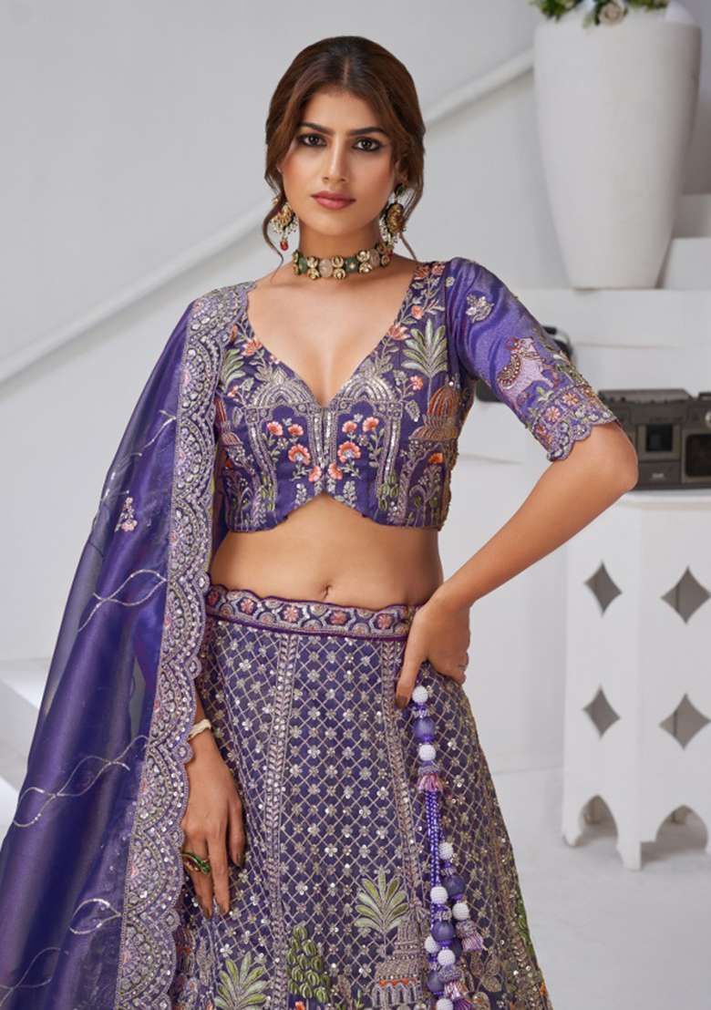 Purple Zari work Organza Tissue Lehenga Set - Indya