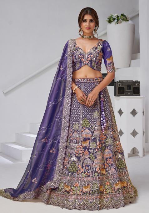 Purple Zari work Organza Tissue Lehenga Set