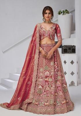 Dark Pink Zari work Organza Tissue Lehenga Set
