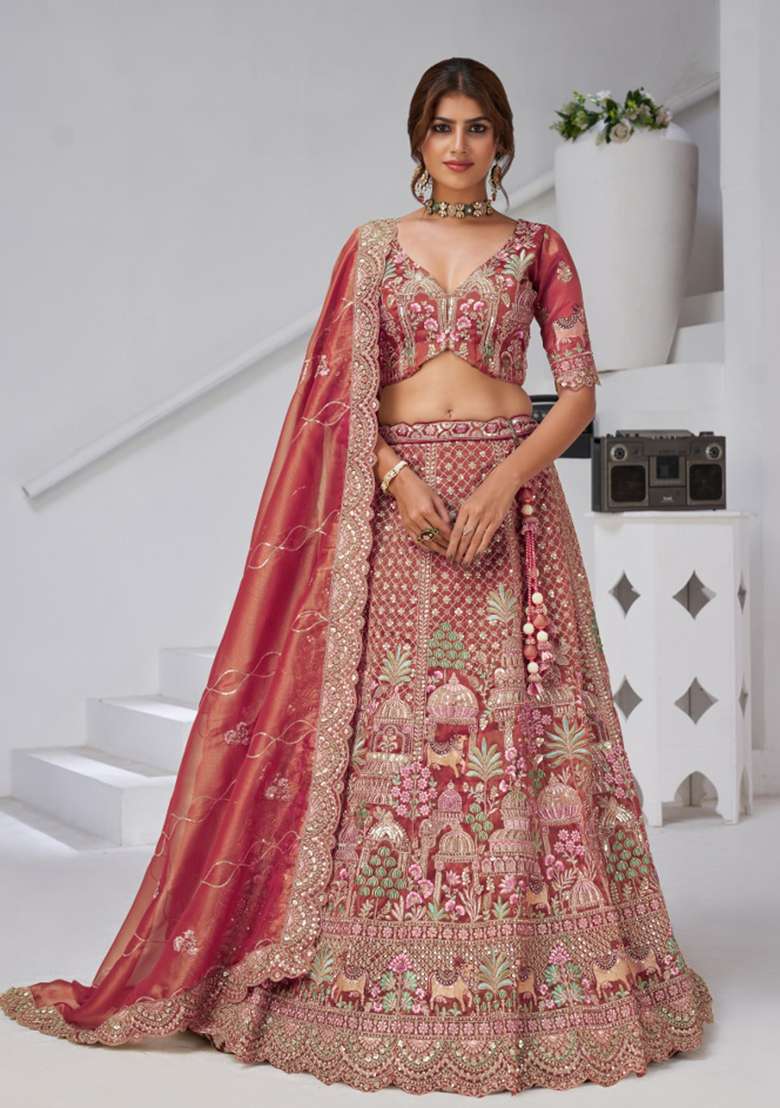 Dark Pink Zari work Organza Tissue Lehenga Set - Indya