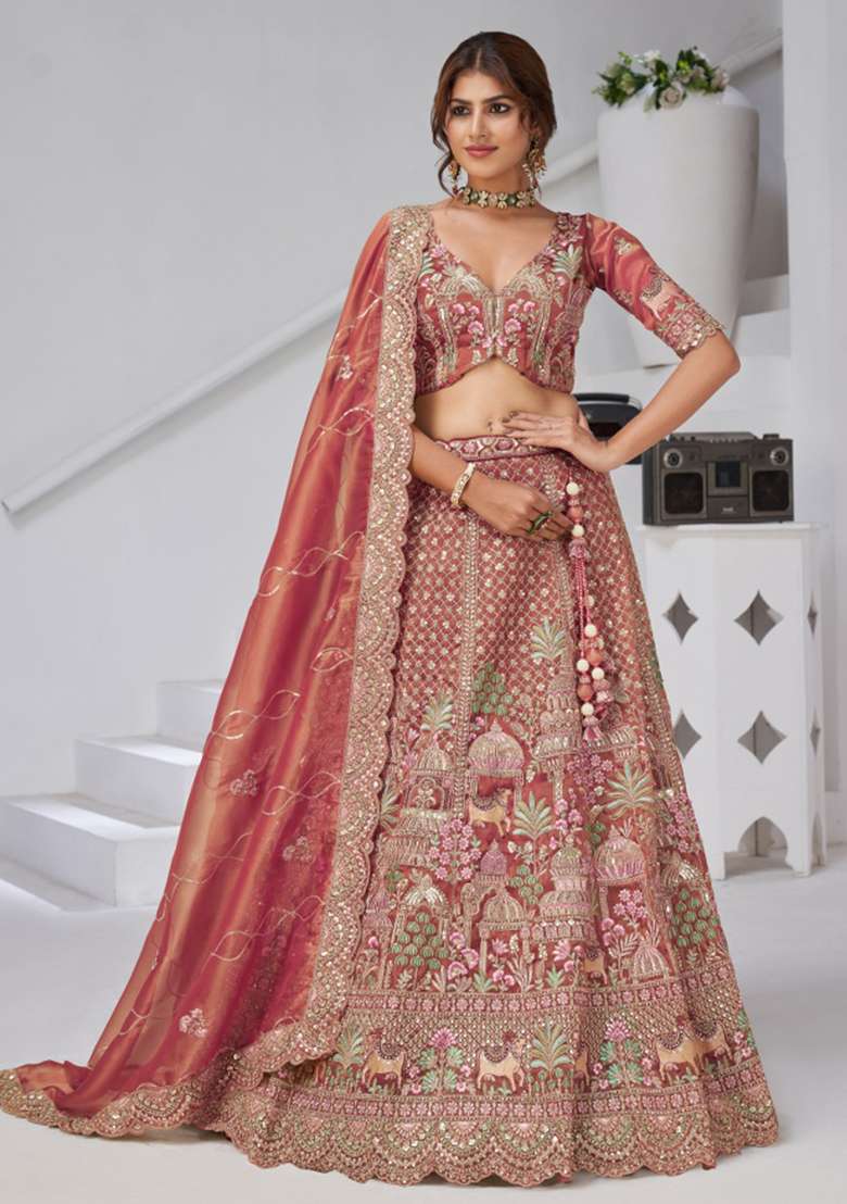Dark Pink Zari work Organza Tissue Lehenga Set - Indya