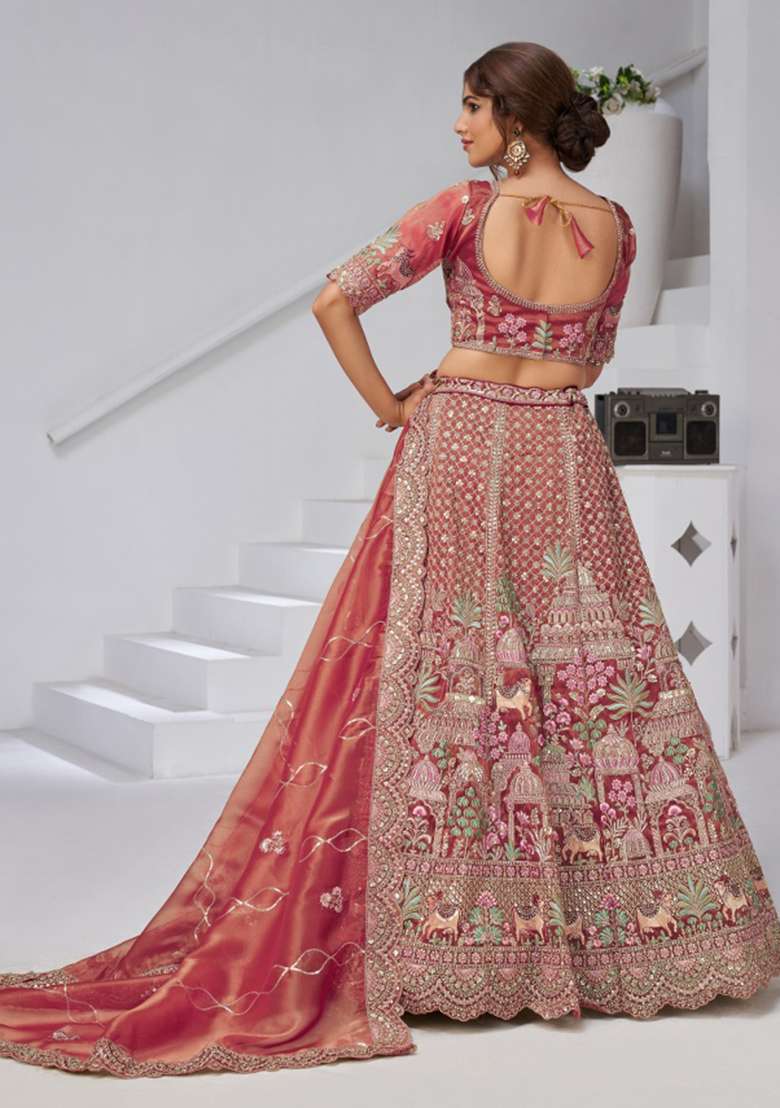 Dark Pink Zari work Organza Tissue Lehenga Set - Indya