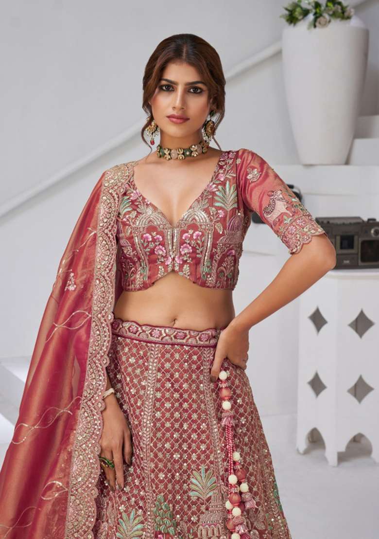 Dark Pink Zari work Organza Tissue Lehenga Set - Indya