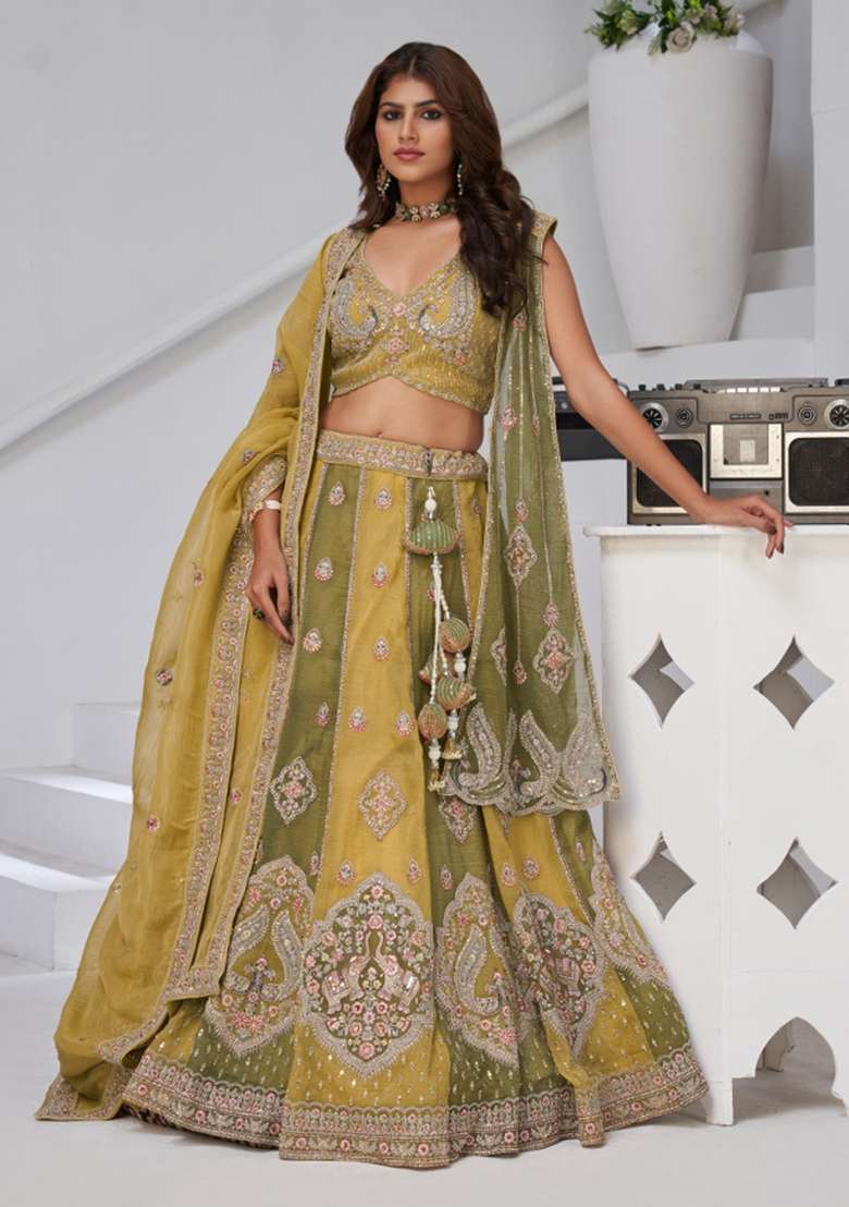 Green And Yellow Zari work Georgette Tissue Lehenga Set - Indya