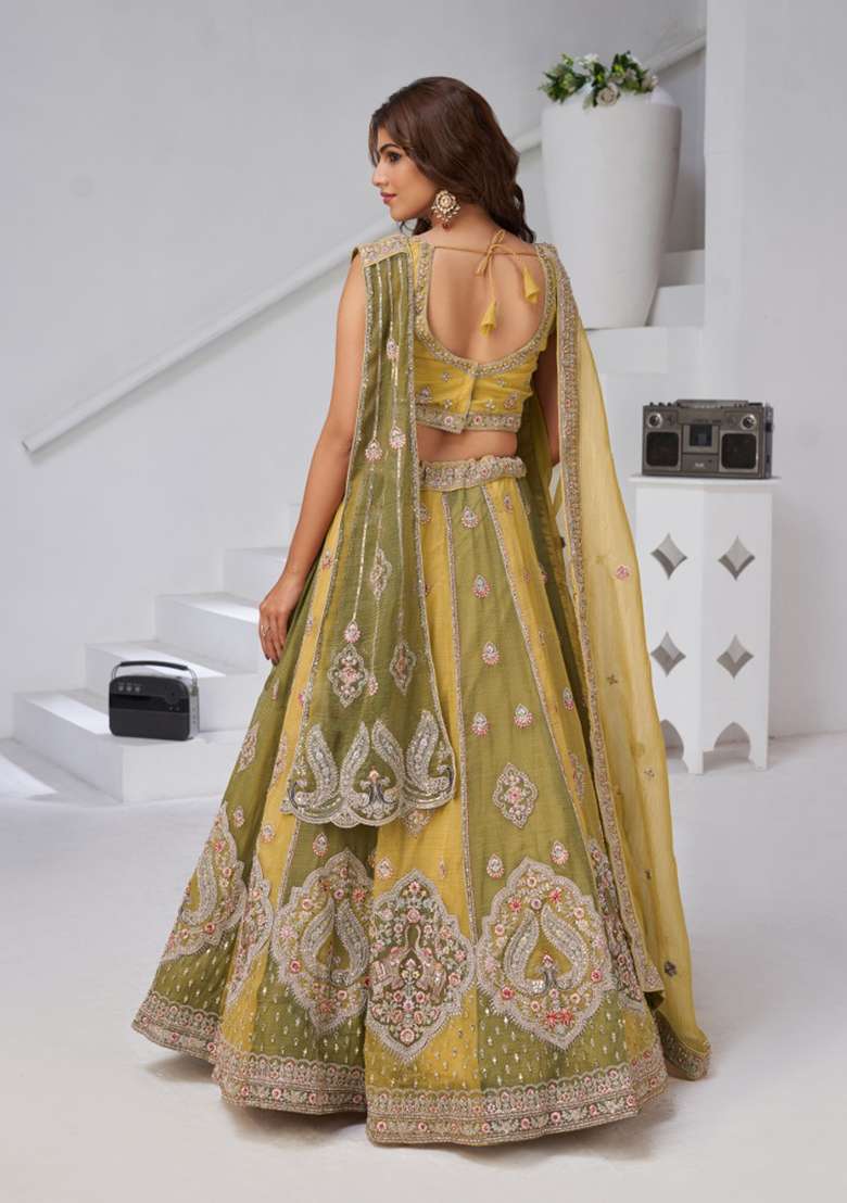 Green And Yellow Zari work Georgette Tissue Lehenga Set - Indya