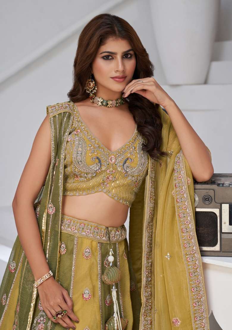 Green And Yellow Zari work Georgette Tissue Lehenga Set - Indya