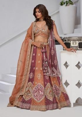 Rust And Dark Pink Embroidery 
Georgette Tissue Lehenga Set