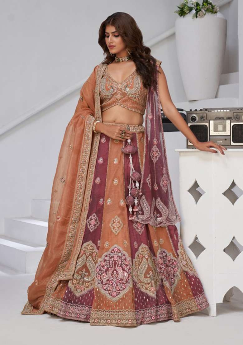 Rust And Dark Pink Embroidery 
Georgette Tissue Lehenga Set - Indya