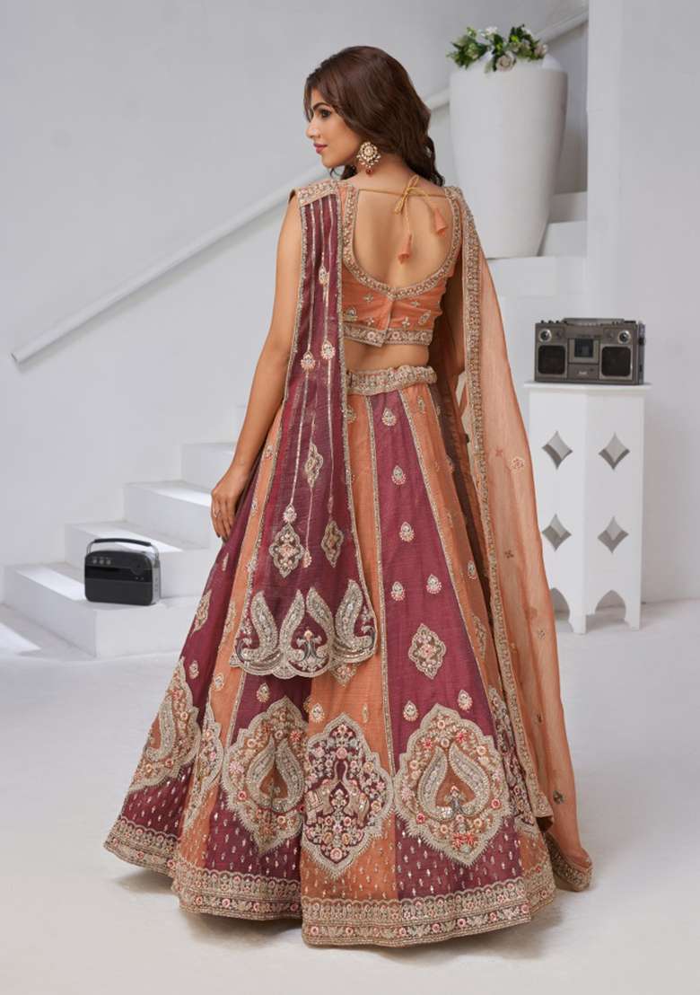 Rust And Dark Pink Embroidery 
Georgette Tissue Lehenga Set - Indya