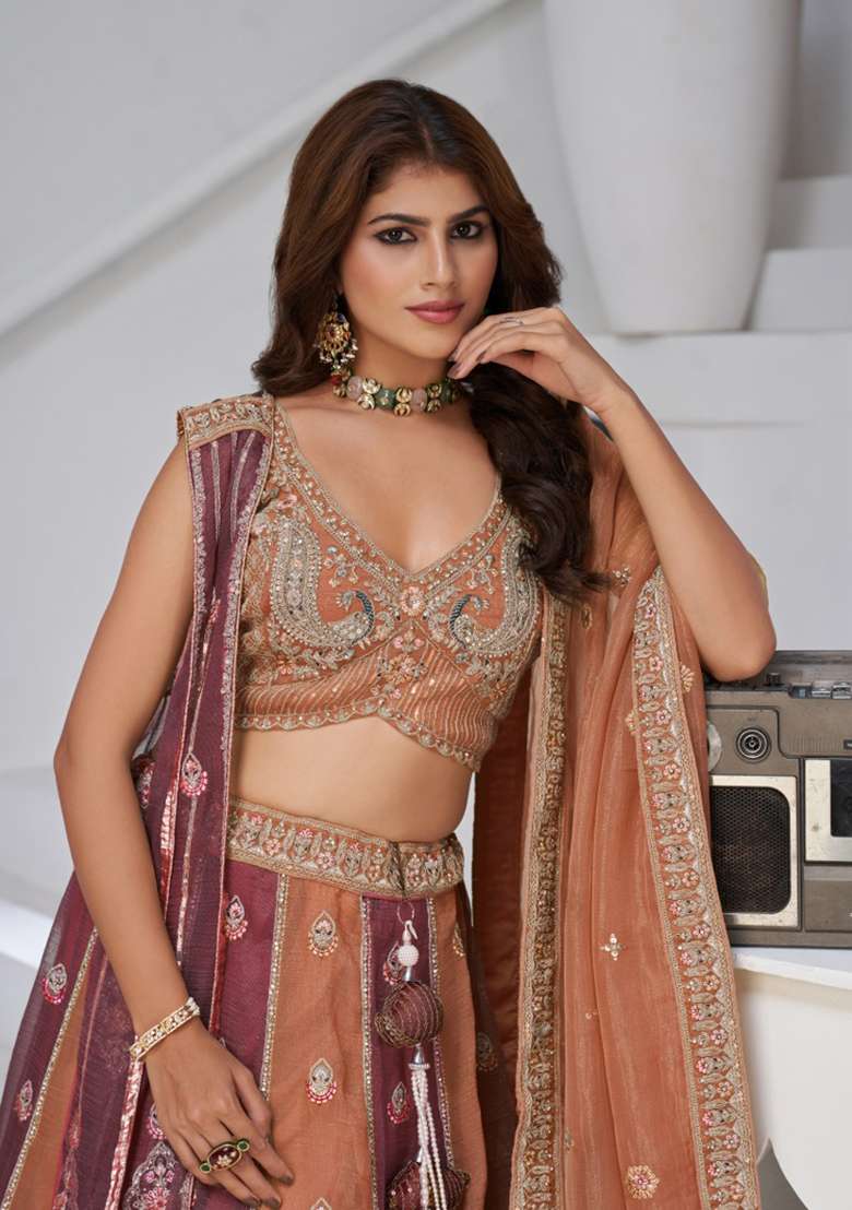 Rust And Dark Pink Embroidery 
Georgette Tissue Lehenga Set - Indya